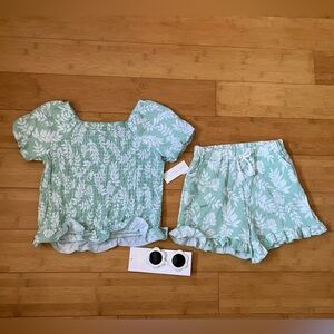 NWT Girls Size 10-12 Outfit- Mint Green & White Leaf Print Smocked Top & Shorts